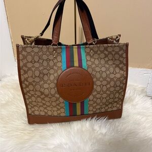 Coach Signature Canvas Stripe Tote Bag in Brown with Multicolor Stripe
